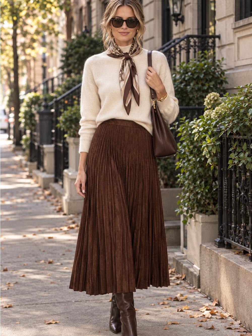 Coldwater Creek Pleated Midi Skirt in Brown Faux Suede, XS